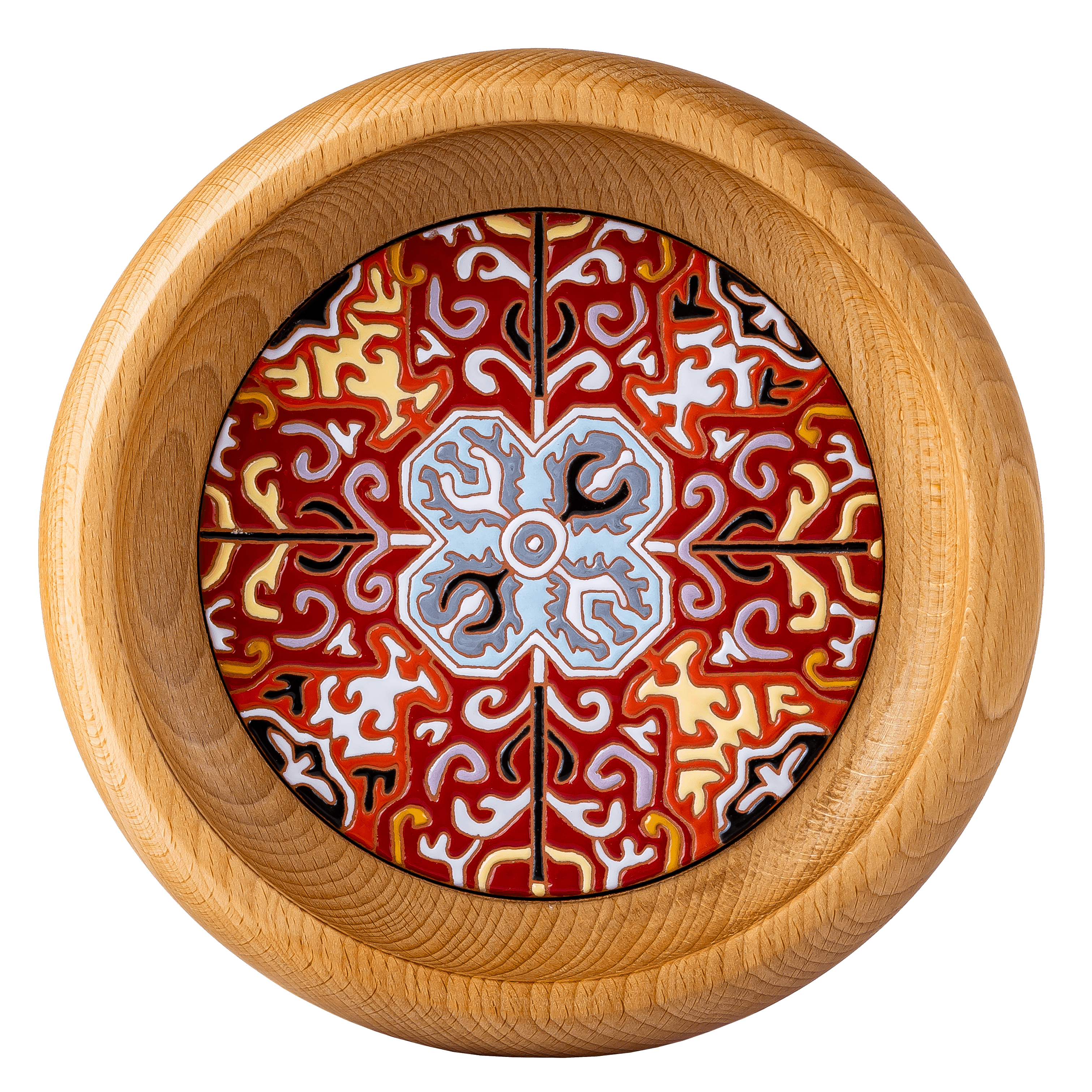 Wooden tray with a ceramic tile centerpiece, blending natural elegance and utility.