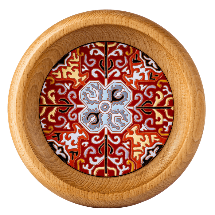 Wooden tray with a ceramic tile centerpiece, blending natural elegance and utility.