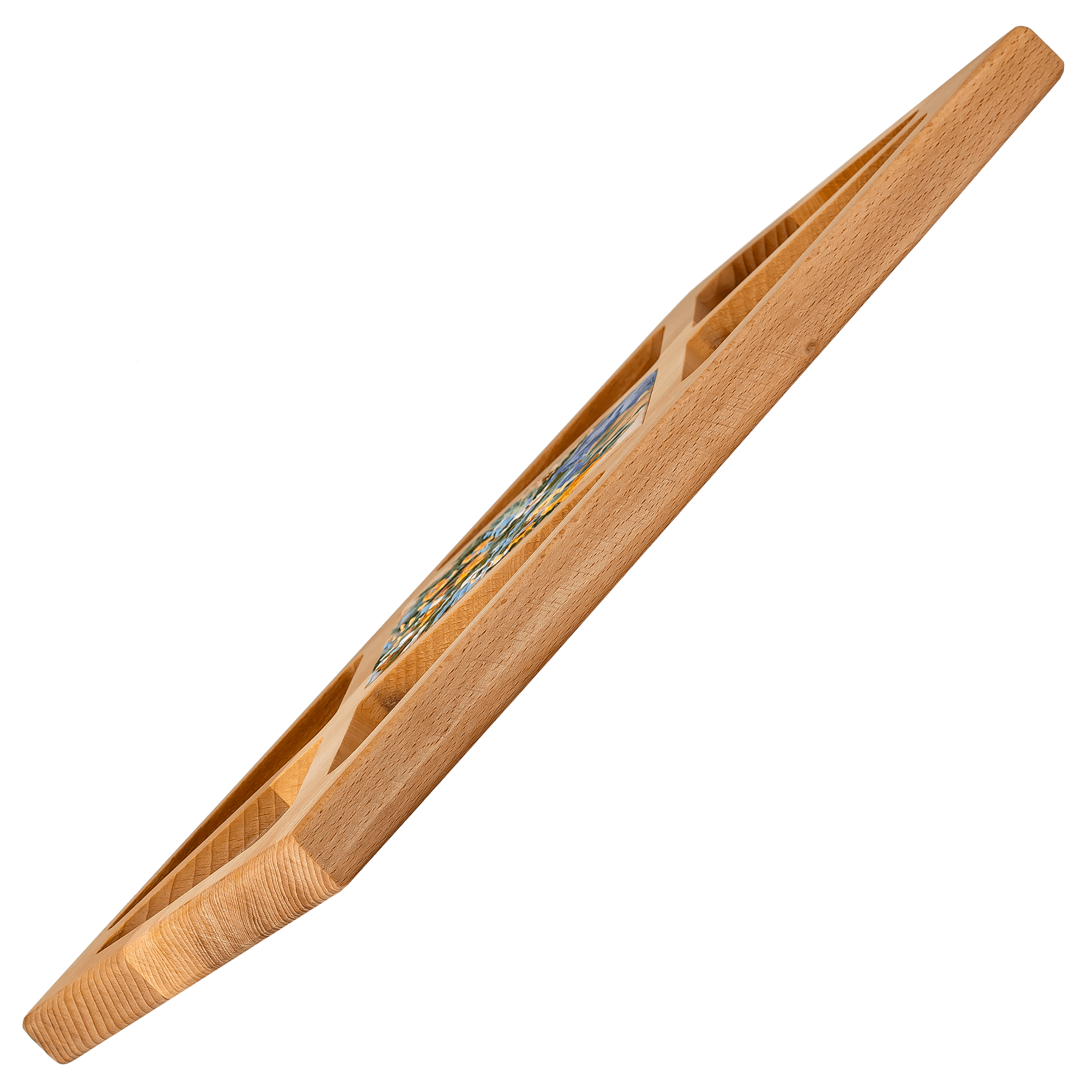 Wooden tray featuring a ceramic tile with Saryan's vibrant artwork, ideal for serving and decor.