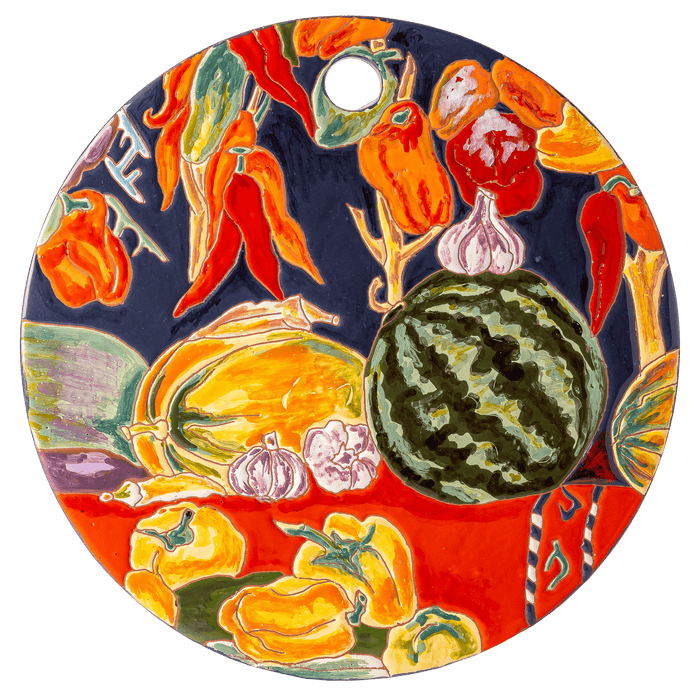 Ceramic cheeseboard featuring Aslamazyan's vibrant and colorful artistic designs.