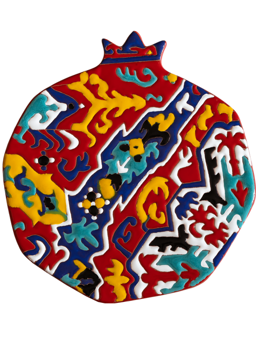 Unique ceramic cheeseboard shaped like a pomegranate, inspired by Armenian 'Gohar' art.