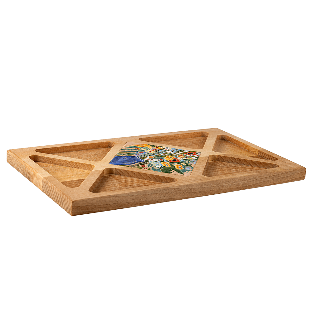 Functional wooden tray adorned with a ceramic tile displaying Minas's 'Jajur' artwork.