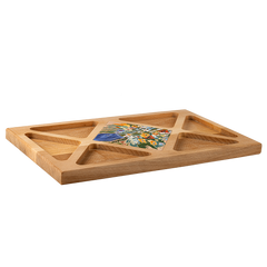 Functional wooden tray adorned with a ceramic tile displaying Minas's 'Jajur' artwork.
