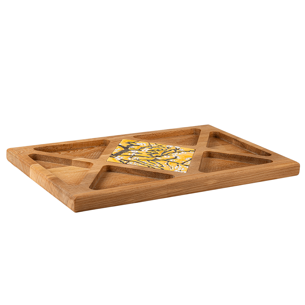 Wooden tray with a ceramic tile featuring Van Gogh's iconic artwork, perfect for serving or decor.