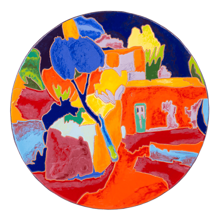 Decorative ceramic cheeseboard with a stunning cityscape design, ideal for serving.