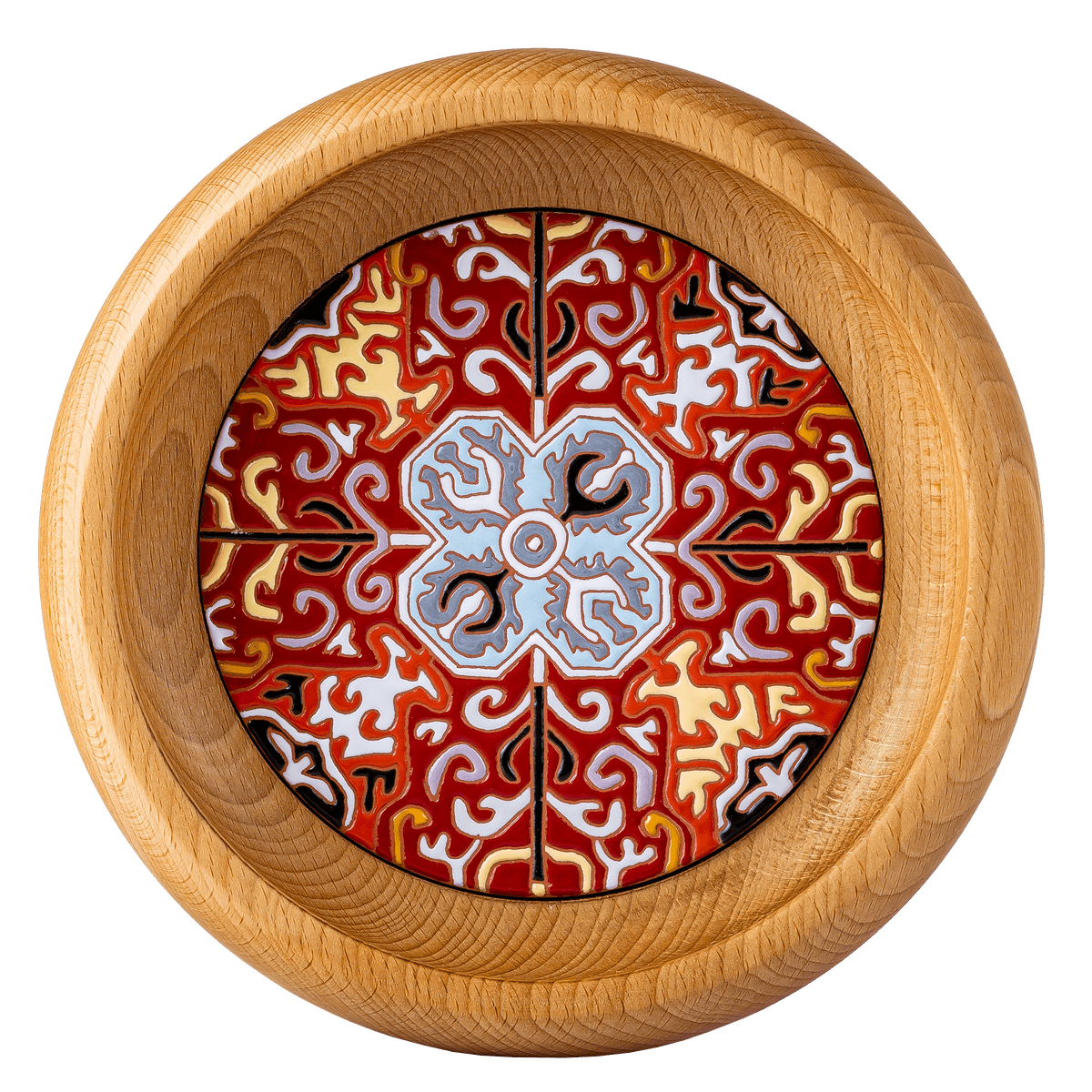Wooden tray with a ceramic tile centerpiece, blending natural elegance and utility.