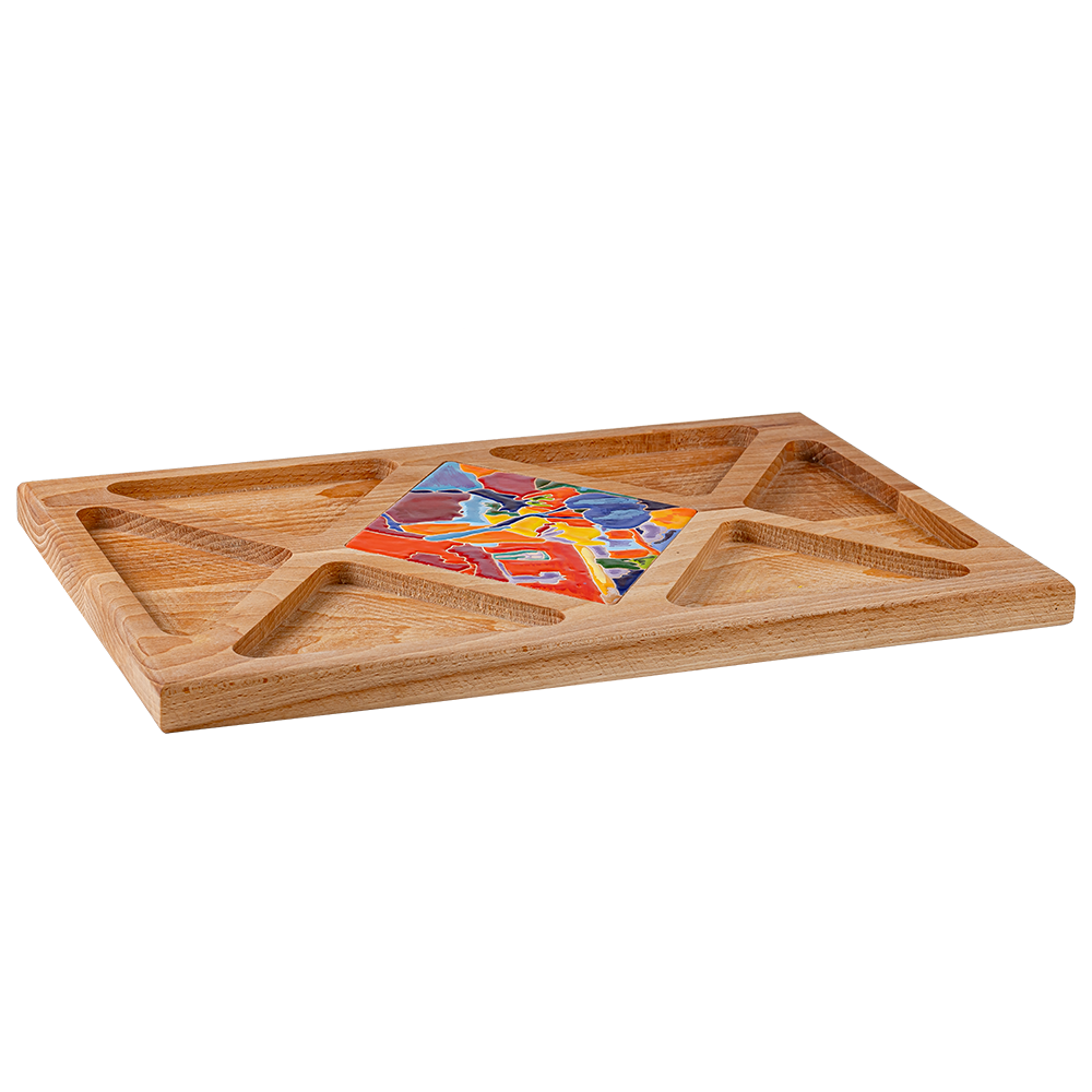 Artistic wooden tray with a ceramic tile featuring 'Jajur' by Minas, blending style and utility.