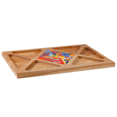 Artistic wooden tray with a ceramic tile featuring 'Jajur' by Minas, blending style and utility.