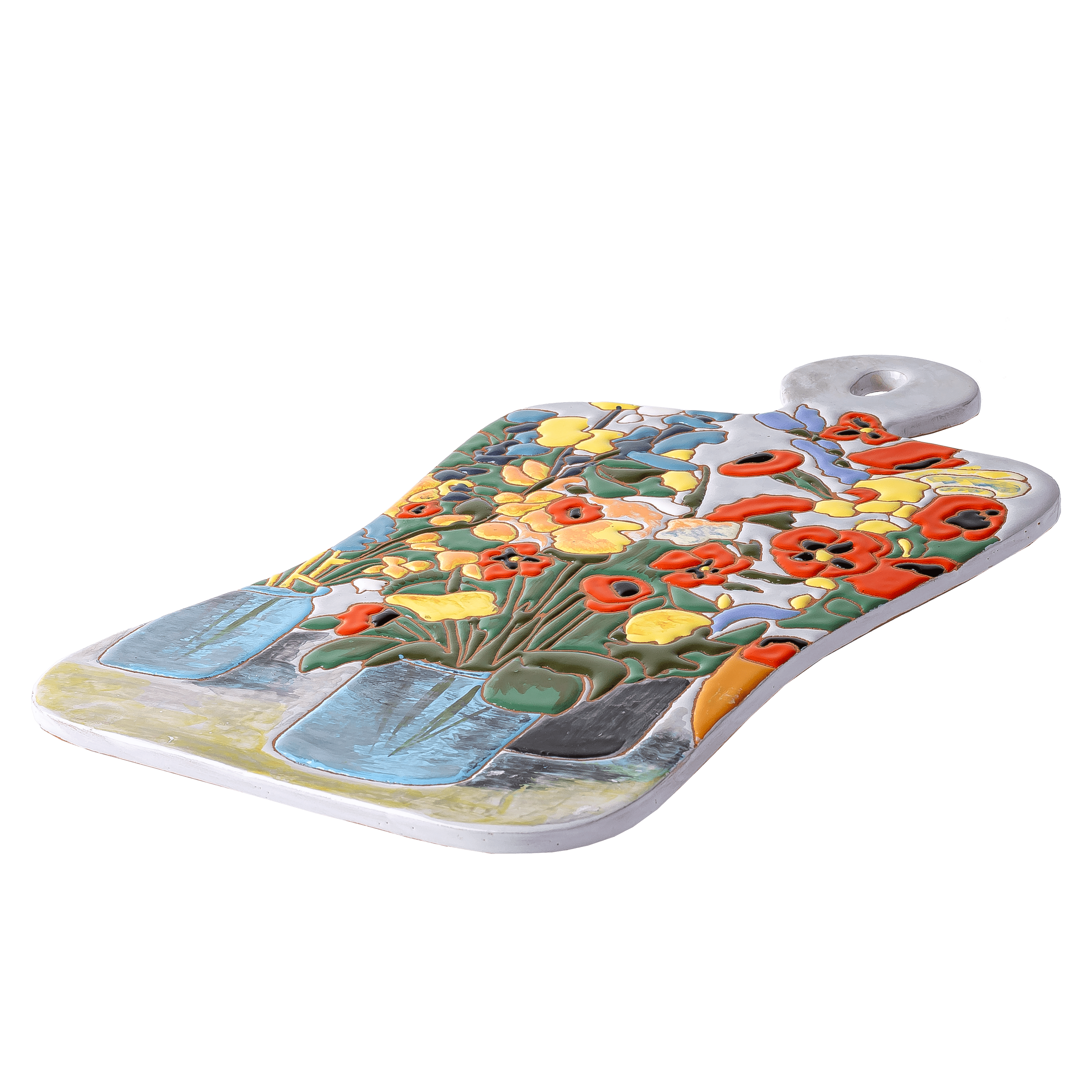 Tray-style ceramic decorative cheeseboard featuring 'Flowers' by Martiros Saryan, blending art and functionality.